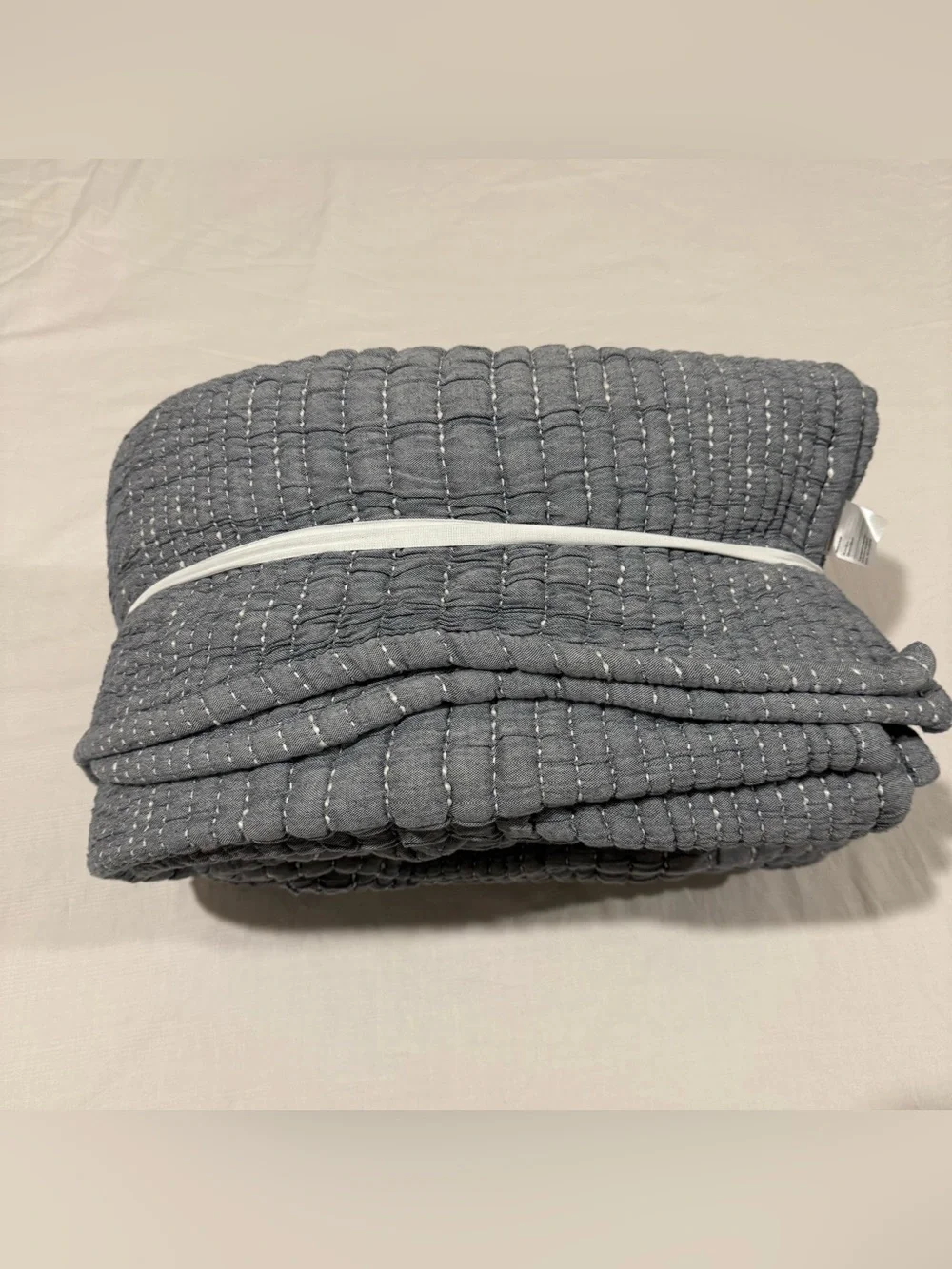 New Quince Organic Cotton Channel Stitch Coverlet Full/Queen - Blue MSRP $144